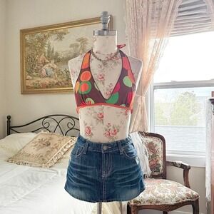 Retro bikini top  Y2K brown circle print halter bikini top